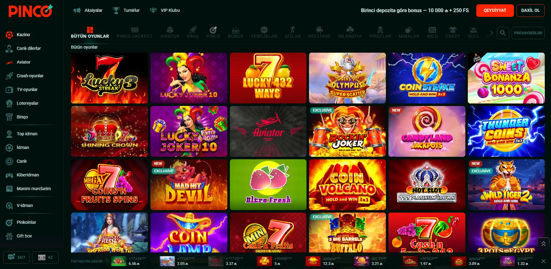 Pinco Giriş ilə daxil olduqdan sonra nə oynamaq olar